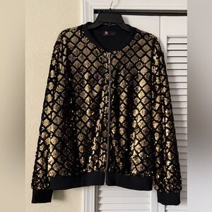 Kancy Cole: Black & Gold Sequin Zip Bomber Jacket - Women's size 2XL